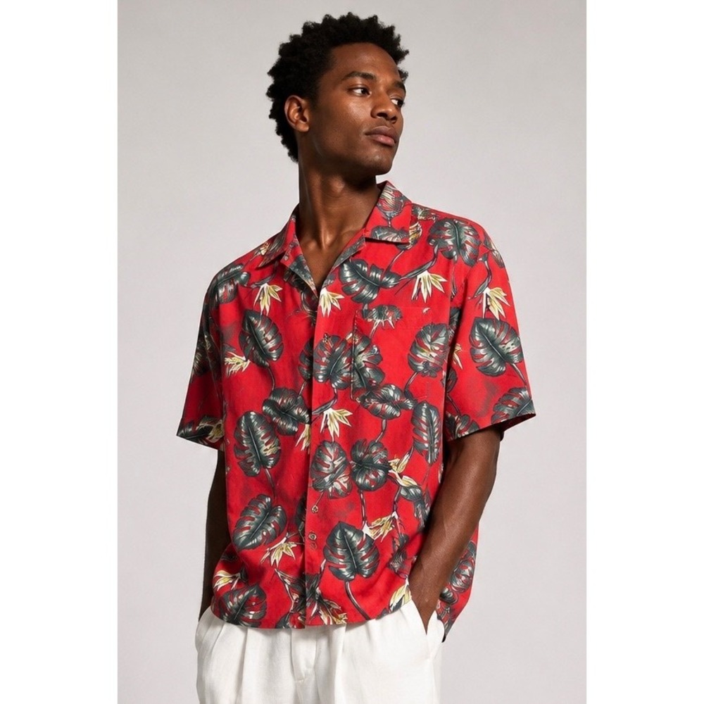W+F Mens Red 100% Silk‎ Tropical Leaf Bird of Paradise Hawaiian Shirt Large